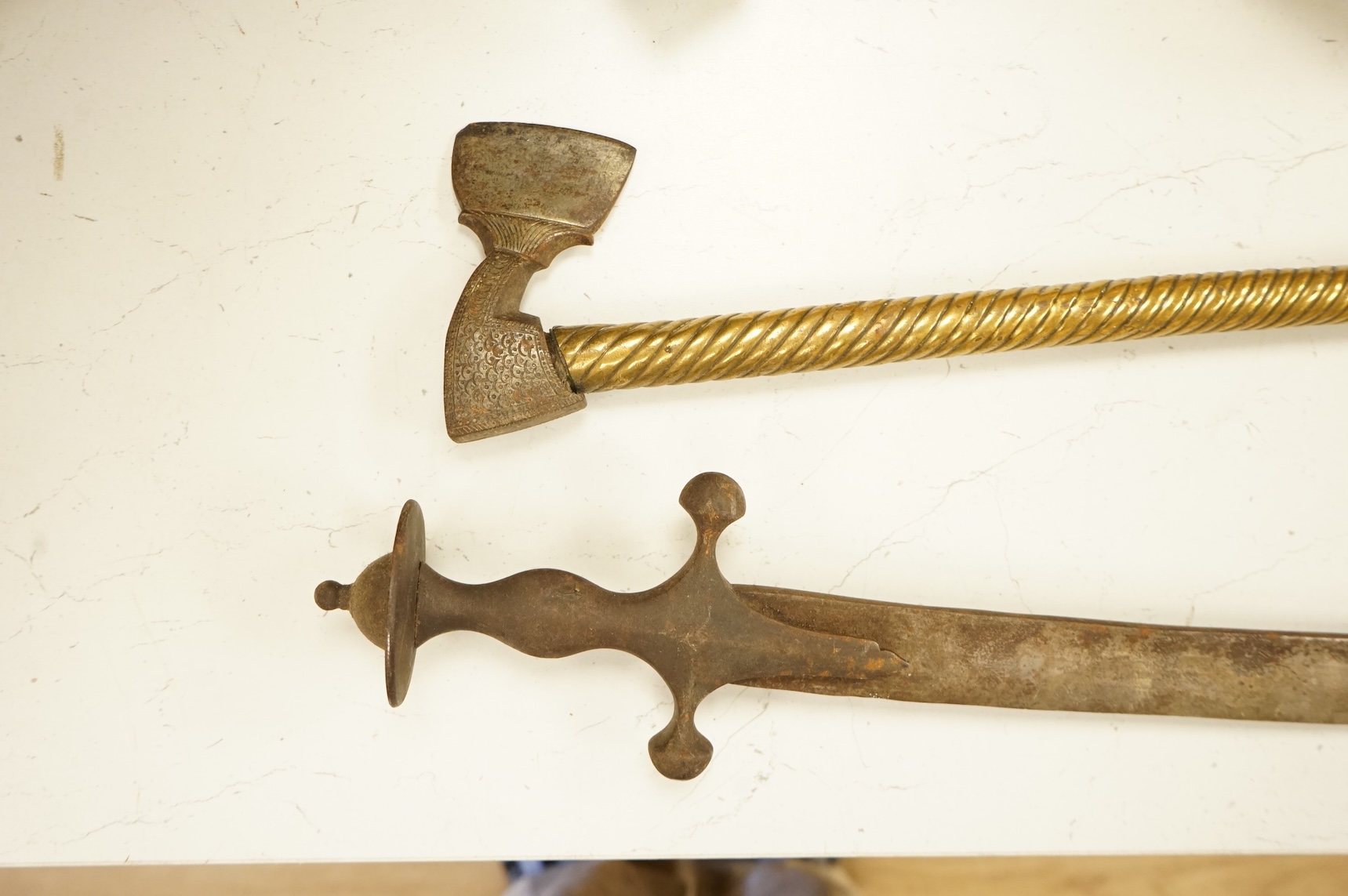 Indian tulwar and axe-head instrument-83cm long
